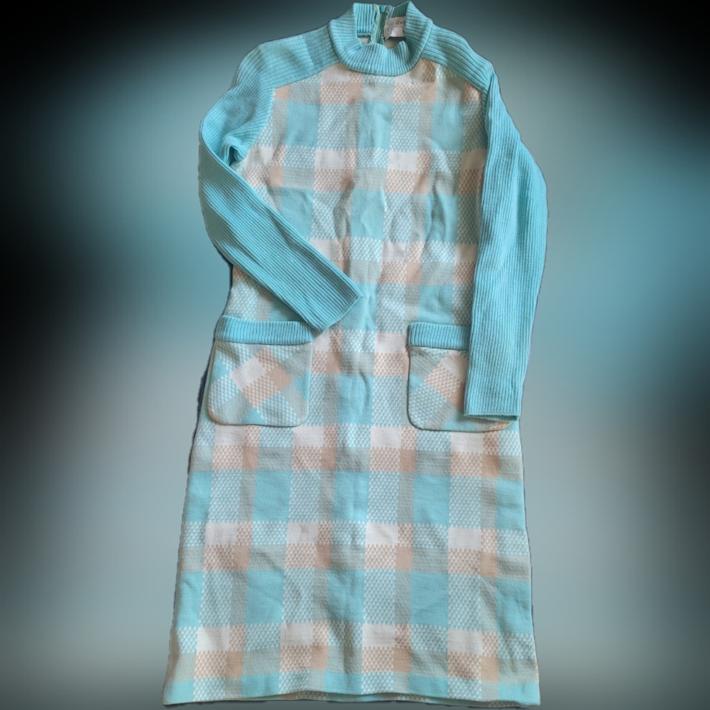 Blue and White Plaid Wool Vintage Sweater Dress